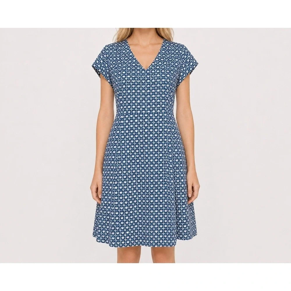 L. L. Bean Blue Geometric Shift Dress Hamptons Coastal Cotton Blend Size Small